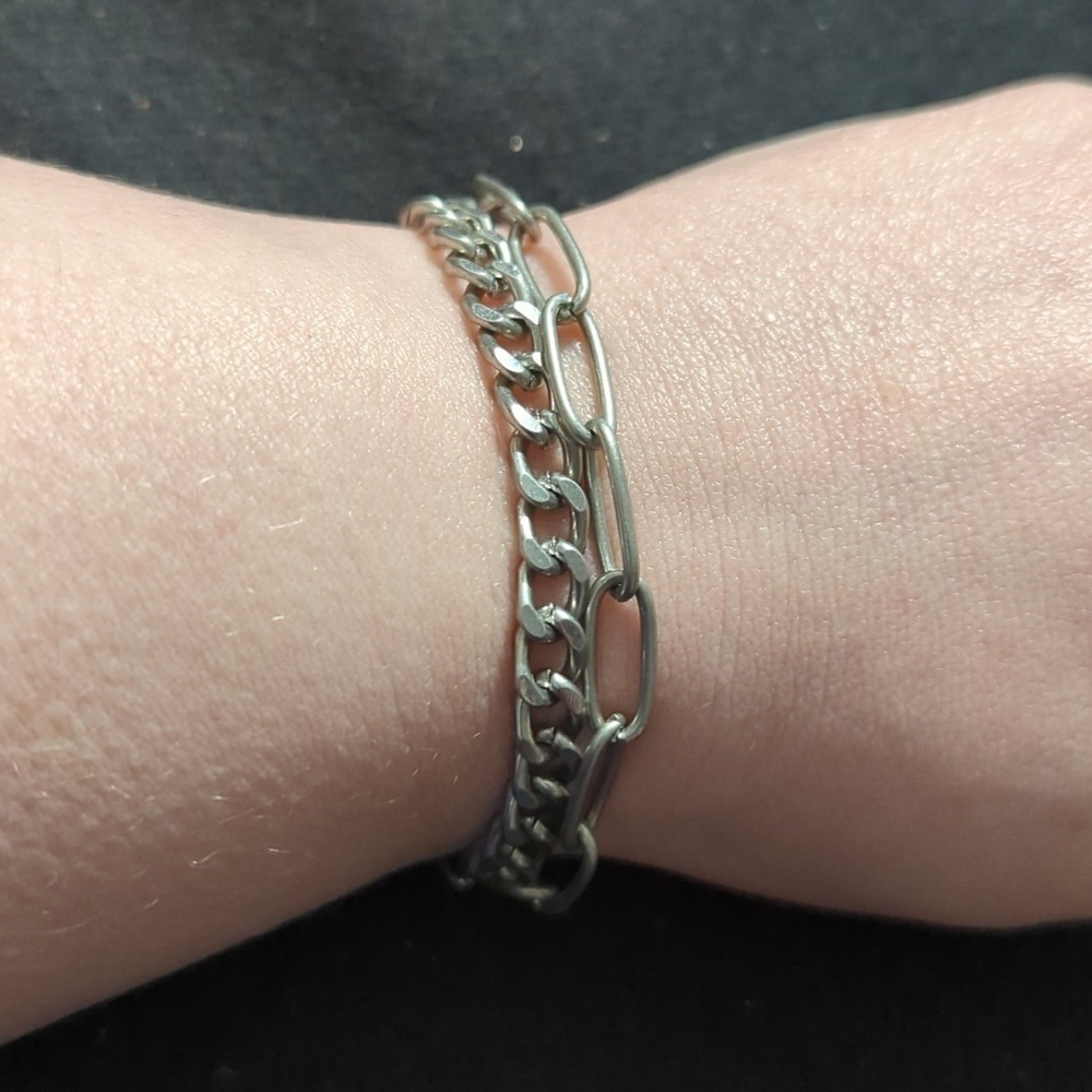 Silver Tone Double Strand Chain Link Statement Bracelet
